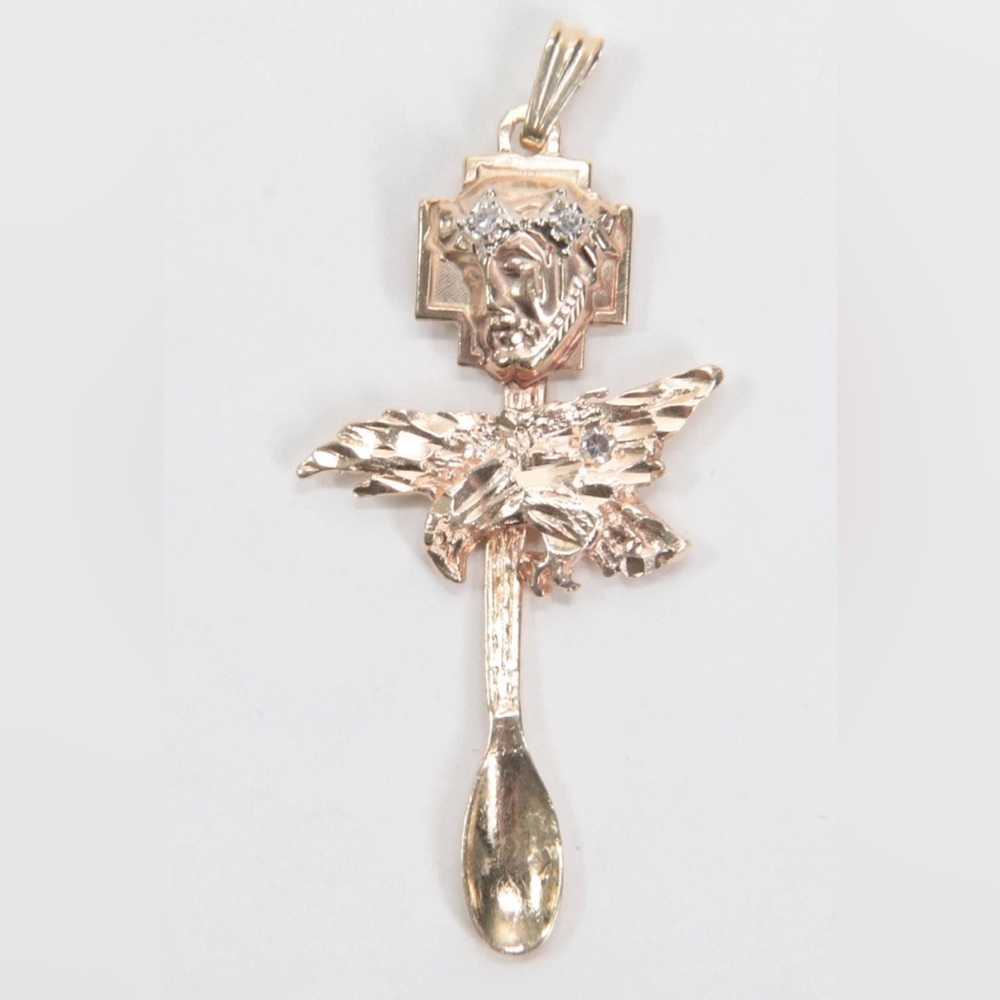 Vintage 14K Yellow Gold Diamond Jesus & Eagle Design Spoon Pendant